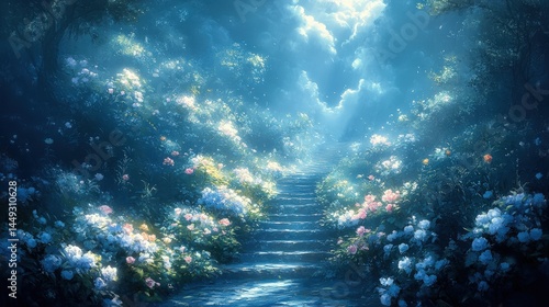 A radiant path through a flower-filled garden at twilight.