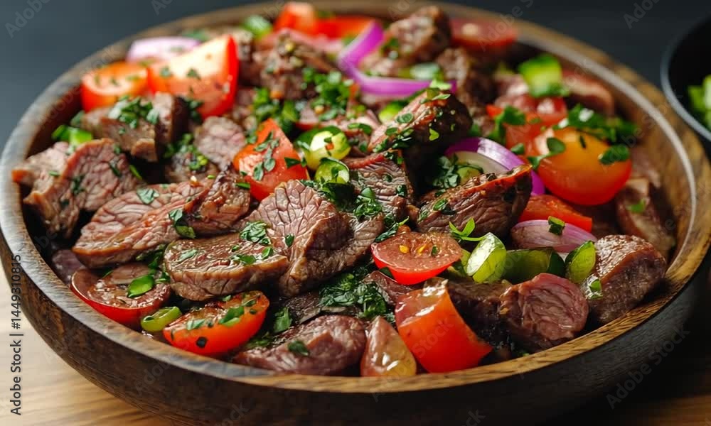 A vibrant bowl of grilled steak salad with fresh vegetables and herbs, beautifully presented A vibrant bowl of grilled steak salad with fresh vegetables and herbs, beautifully presented