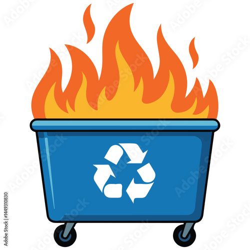 Burning blue recycling bin safety hazard isolated vector illustration on white background