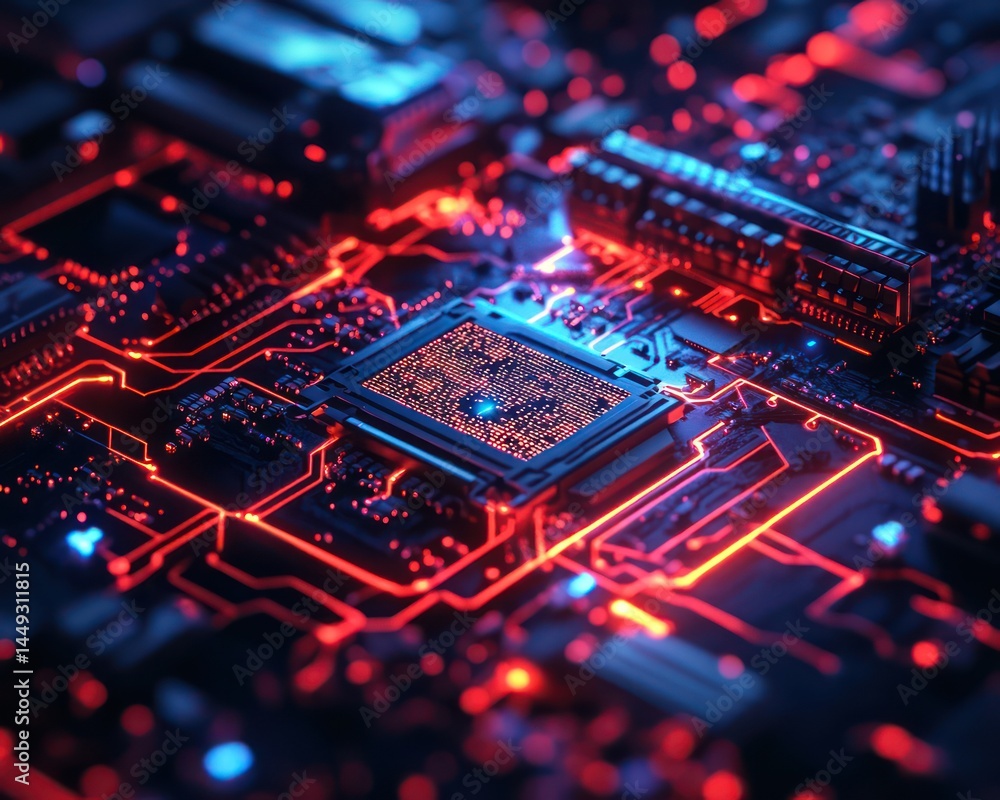 Closeup of circuit board with microchip Closeup of circuit board with microchip
