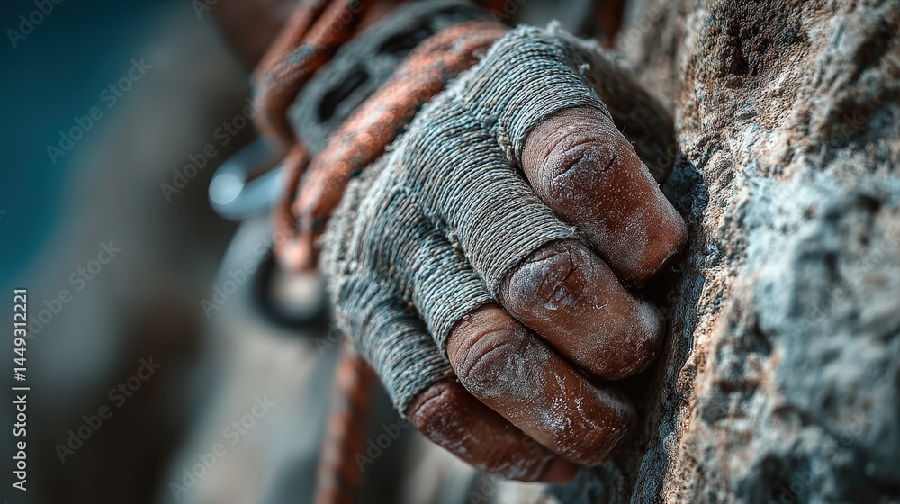 Close-up of a person's hand on rock face while bandaging a minor injury in a cautious outdoor climbing environment Close-up of a person's hand on rock face while bandaging a minor injury in a cautious outdoor climbing environment