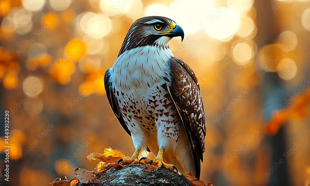Majestic hawk perched on a mossy rock amidst vibrant autumn foliage in a tranquil forest Majestic hawk perched on a mossy rock amidst vibrant autumn foliage in a tranquil forest