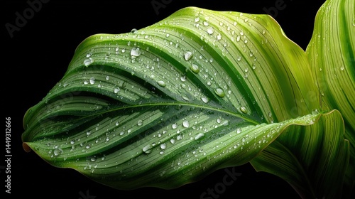 Close-up of Calathea orbifolia leaf with vibrant stripes on a glossy black background