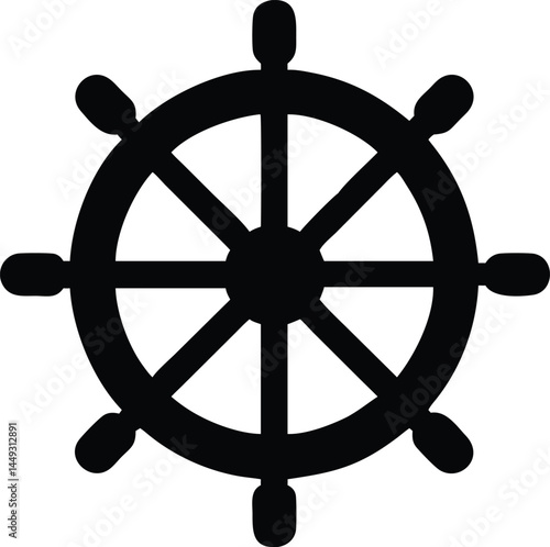 An isolated black ship wheel offers classic nautical navigation symbol on white backdrop