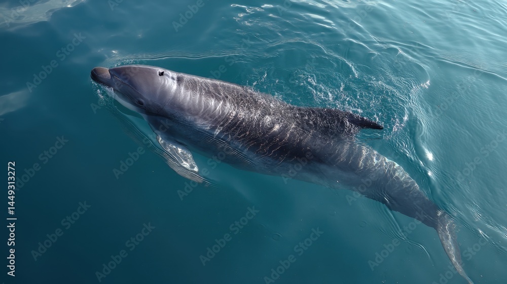 Fototapeta premium Dusky Dolphin Surface Breather, Teal Waters, Close-Up
