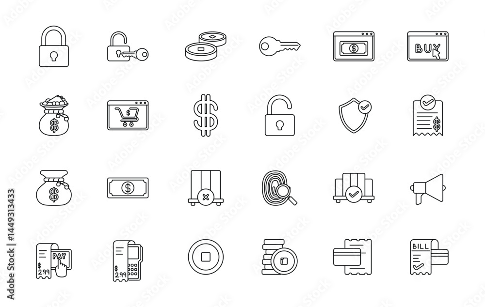 Pixelated icons of finance and security Pixelated icons of finance and security