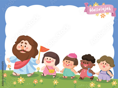 Cartoon Jesus walking with happy children in a flower field Cute Christian Illustration with blank space for text