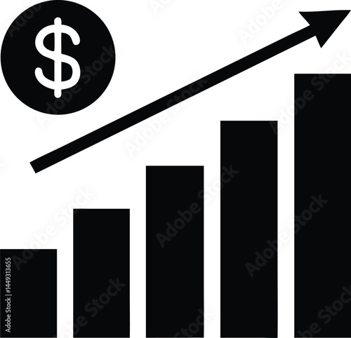 An upward pointing arrow intersects with a dollar coin beside a vertical bar chart