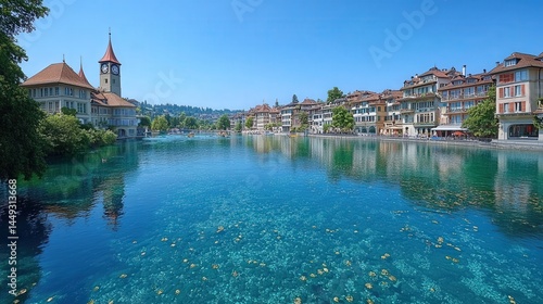 Picturesque European city reflecting on tranquil lake.