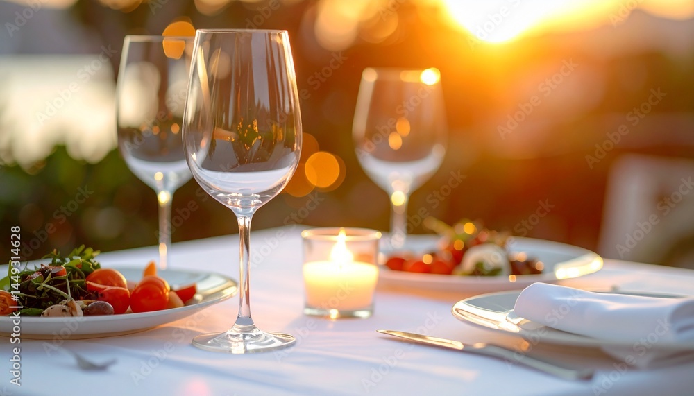 Elegant romantic dining table for two at sunset, white tablecloth, crystal wine glasses, candle centerpiece, gourmet dishes, luxury ambiance with warm tones and soft bokeh lights Elegant romantic dining table for two at sunset, white tablecloth, crystal wine glasses, candle centerpiece, gourmet dishes, luxury ambiance with warm tones and soft bokeh lights