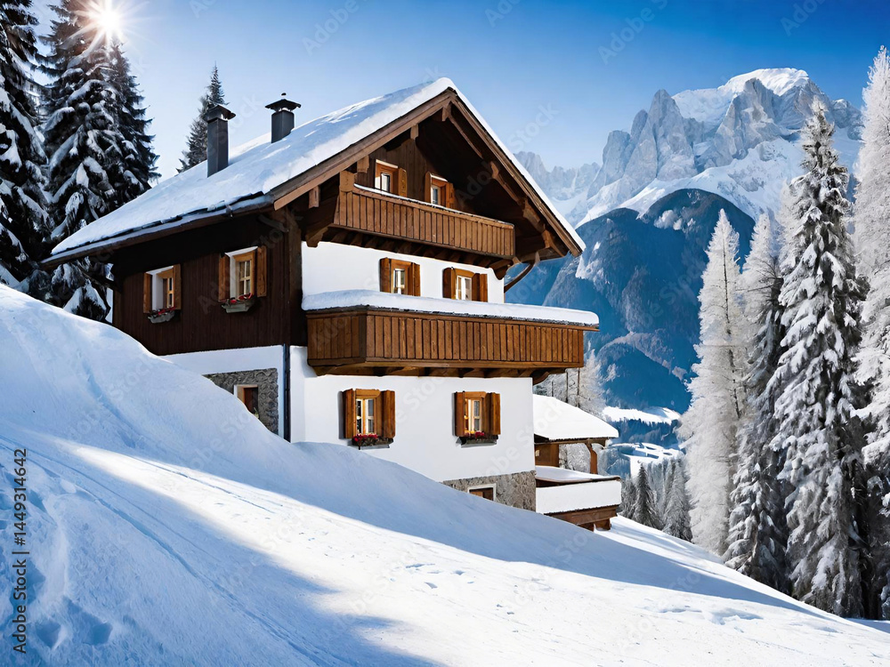 wooden house and snowy mountains. winter landscape