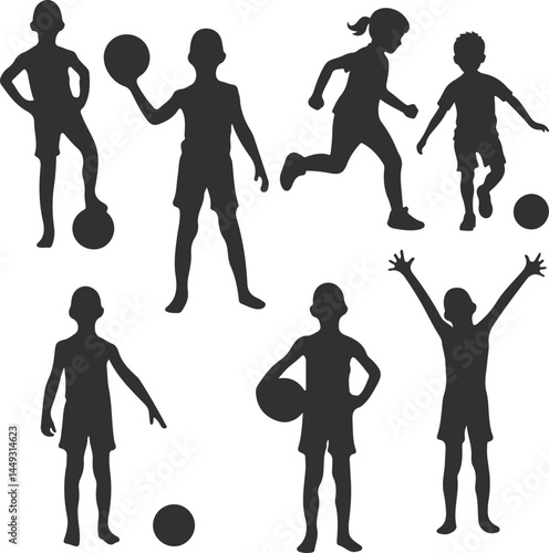 Silhouettes of children playing with balls, active boys and girls in various sports poses, black vector illustration on white background
