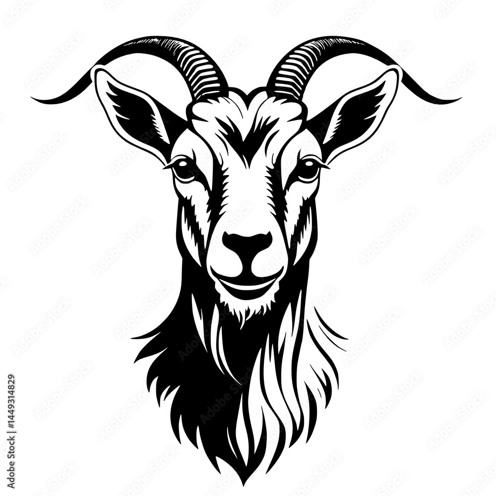 black and white goat with horns. animal illustration.