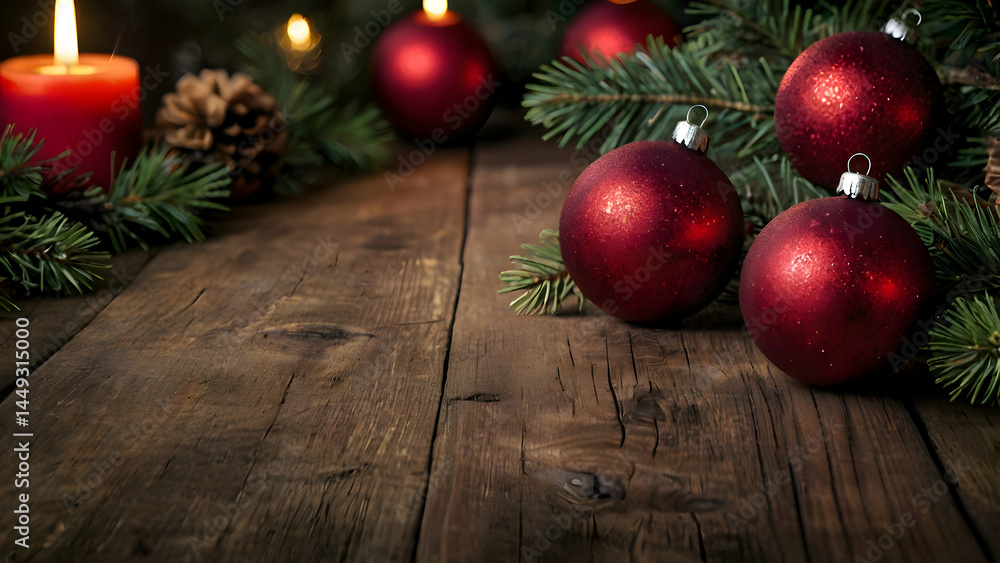 Festive Christmas Ornaments on Rustic Wooden Table – Holiday Decor Background Festive Christmas Ornaments on Rustic Wooden Table – Holiday Decor Background