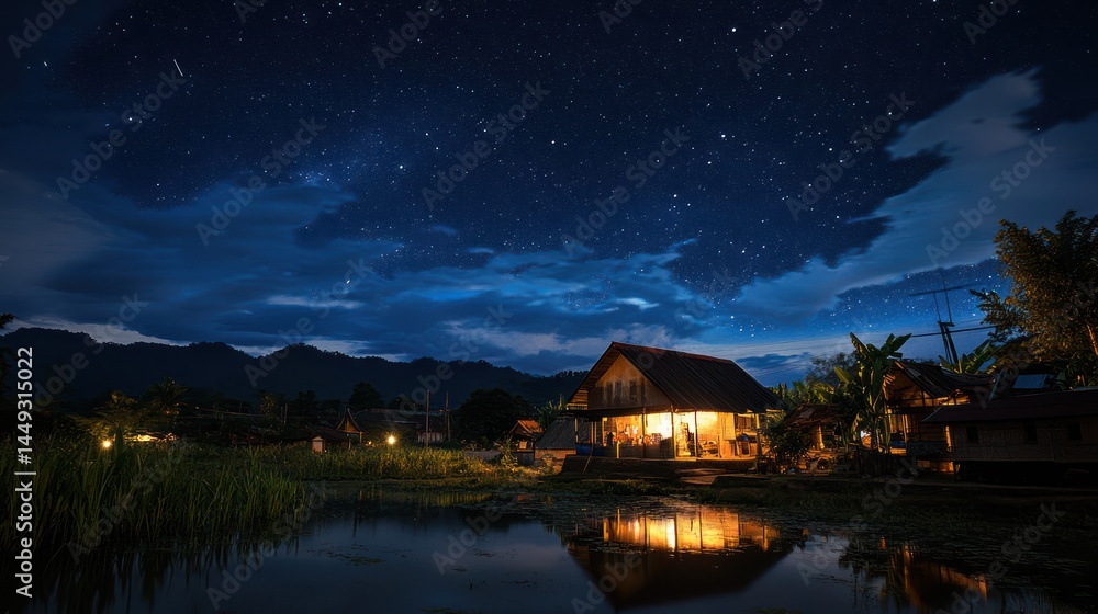 Fototapeta premium Tranquil rural residence under the vast expanse of a starlit evening sky
