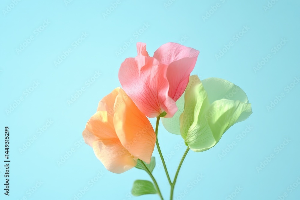 Fototapeta premium Three pastel colored flowers against a light blue backdrop.