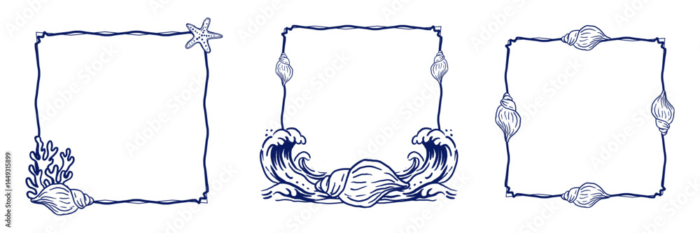 Set of square frames with shells, corals, a wave, and a starfish