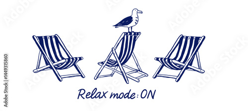Striped deck chairs with “Relax mode: ON” lettering in line style