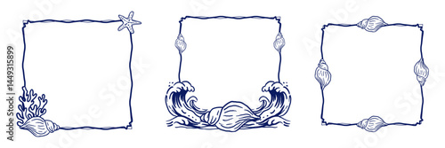 Set of square frames with shells, corals, a wave, and a starfish