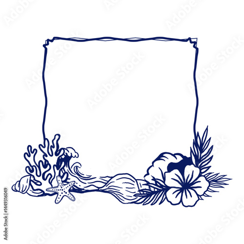 Frame made of twisted rope featuring marine decorations including a wave, seashells, starfish, coral and hibiscus flower at the bottom. Created in hand-drawn line art style invitations, greeting cards