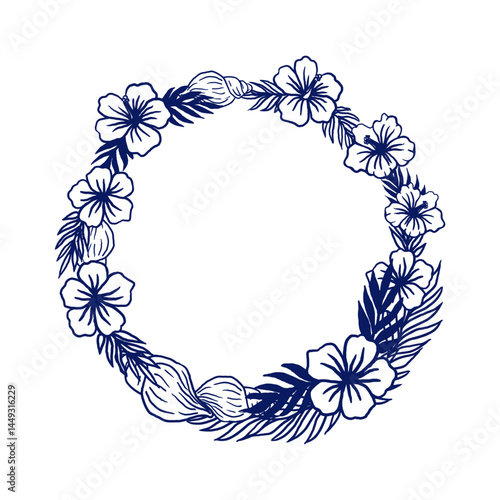 Round frame made of hibiscus flowers, palm leaves, and seashells. Hand-drawn in a delicate marine sketch style. Perfect for beach party invitations, summer cards, packaging, and branding.