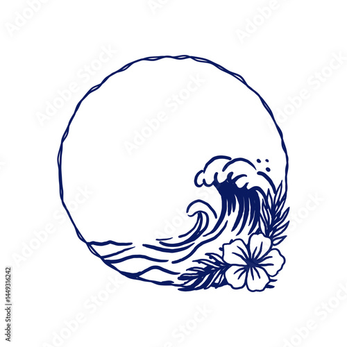Hand-drawn round frame with a stylized ocean wave, hibiscus flower and tropical leaves in ink line art. Great for summer branding, beach invitations, tropical packaging and graphic design.