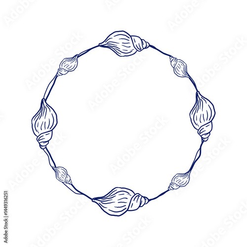 Round frame made of seashells connected by a thin line. Hand-drawn marine illustration in sketch style. Suitable for summer packaging, beach-themed cards, logos, and stationery.
