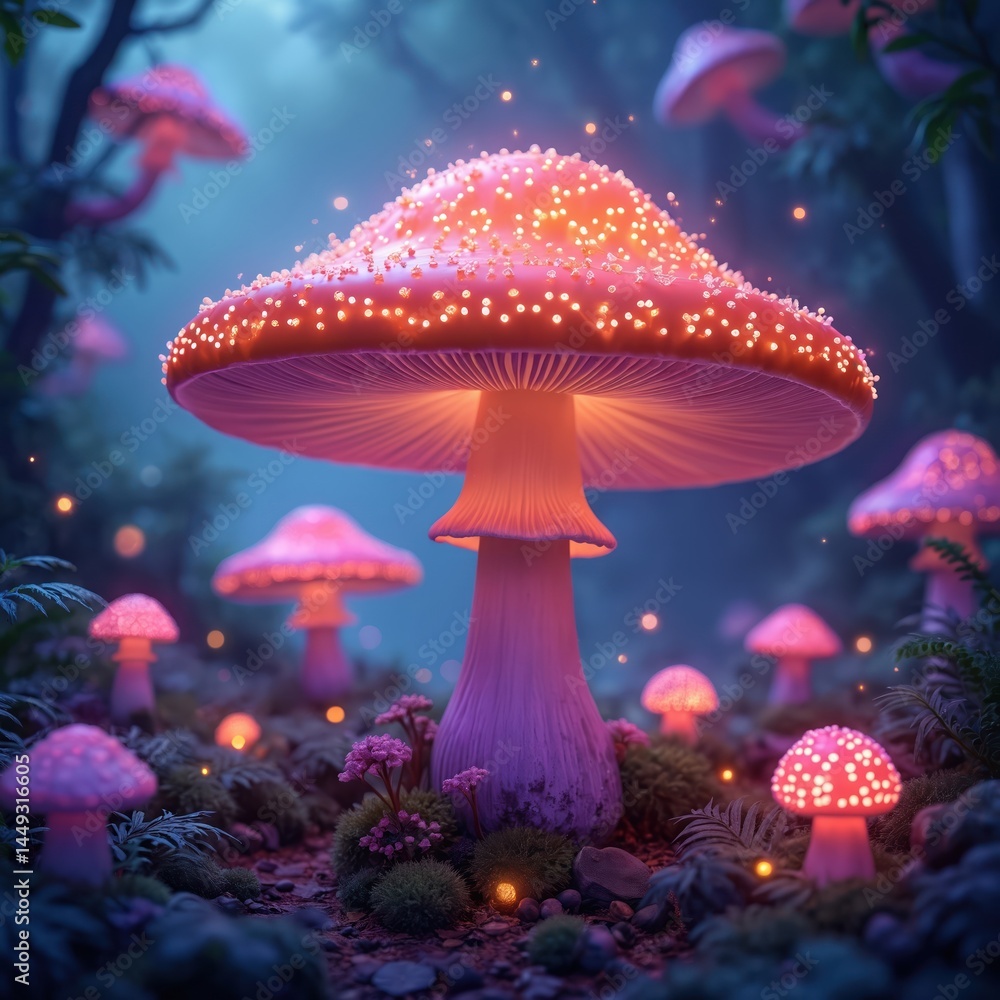 Magical illustration of glowing mushroom in forest. Fairy tale scene with fantasy mushroom. Vibrant colors, soft light, mystical ambiance. Perfect art for design, print, book cover, poster, kids.