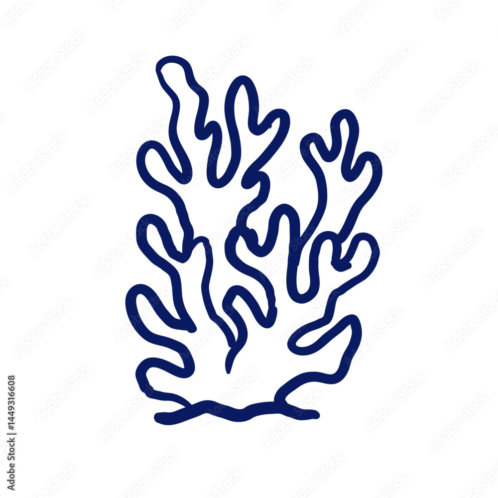 Hand-drawn coral reef sketch in navy ink. Organic marine element in line art style, perfect for beach-themed designs, summer graphics, stickers, and isolated decoration.