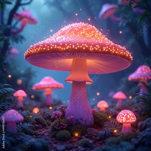 Obraz na płótnie Magical illustration of glowing mushroom in forest. Fairy tale scene with fantasy mushroom. Vibrant colors, soft light, mystical ambiance. Perfect art for design, print, book cover, poster, kids. w salonie