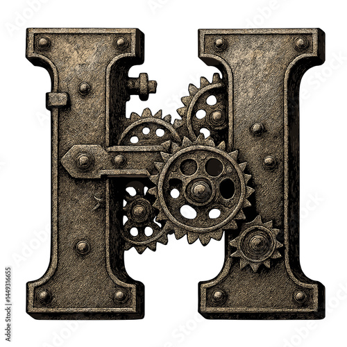 Steampunk Gear Letter 'H' with Metal Texture  