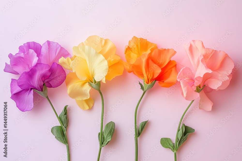 Fototapeta premium Four vibrant flowers in a gradient of pastel hues.