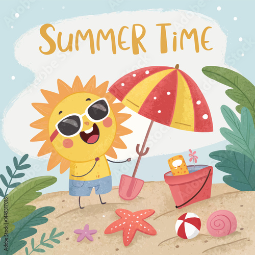 Cartoon Summer Beach Time Illustration with Sun, Umbrella, and Beach Toys