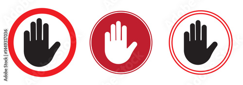 Stop sign set. Stop icon isolated on white background. Vector illustration. Stop hand sign with text. Red stop sign.