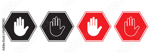 Stop sign set. Stop icon isolated on white background. Vector illustration. Stop hand sign with text. Red stop sign.