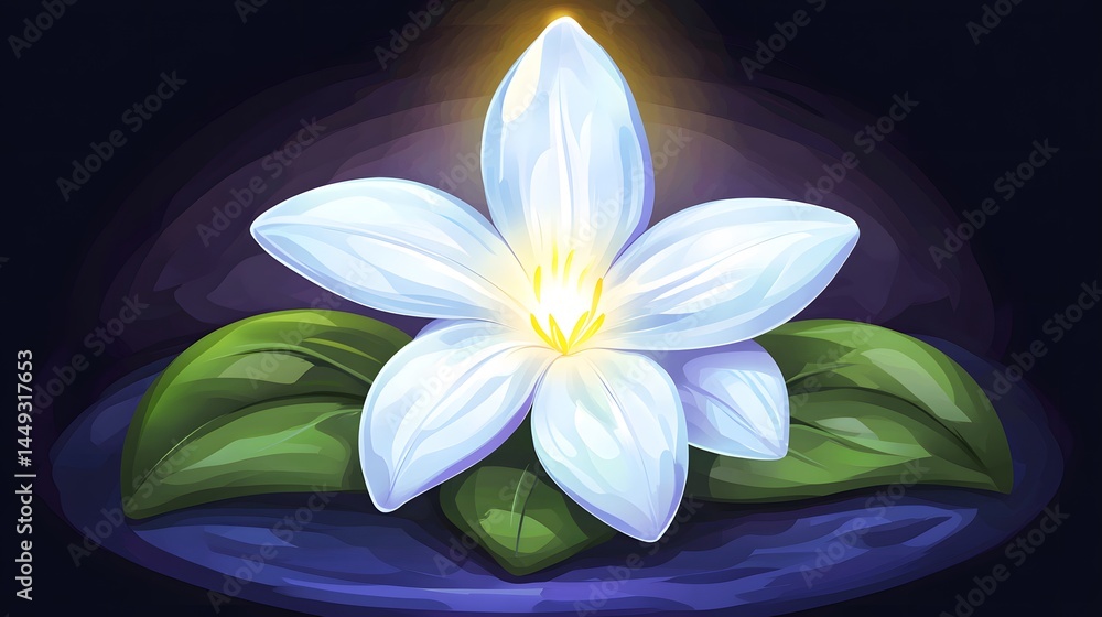 Naklejka premium Glowing White Flower on Dark Water, Fantasy Floral Illustration