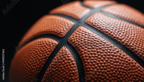 Close-up illustration of basketball. Leather ball with intricate textures, patterns. Sport equipment, brown color, black stripes. Game, pro sport, competition. Basketball ball on black background.