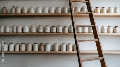 Wallpaper Mural A wooden ladder beside neatly arranged ceramic jars on shelves in a minimalist interior space Torontodigital.ca