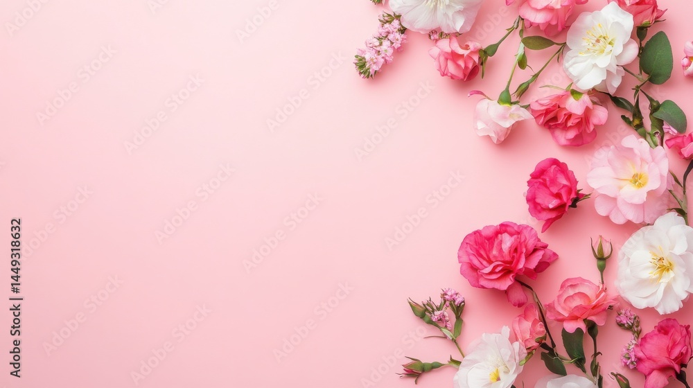 Fototapeta premium A floral arrangement with pink, red, and white flowers and green leaves on a pink background.