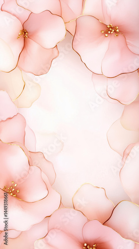 Delicate, pastel pink flowers in a frame,  subtle gold accents on a soft white background