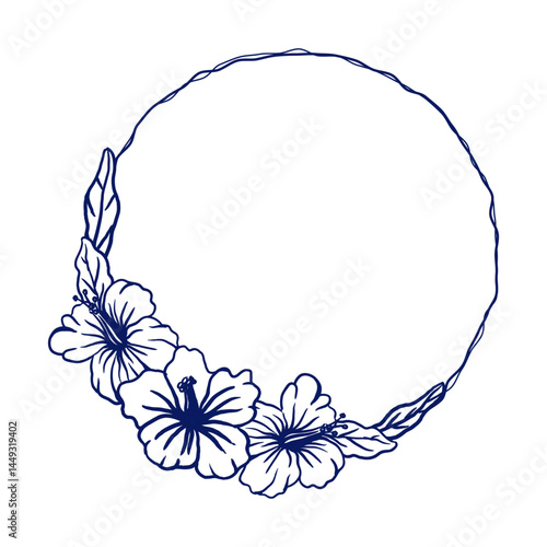 Hand-drawn round floral frame with hibiscus flowers and leaves. Minimal navy ink line art in doodle style, perfect for summer cards, wedding designs, tropical decor, and invitations.