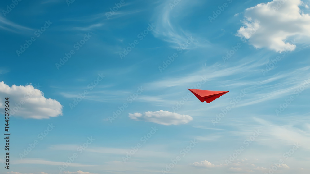 Naklejka premium Red paper airplane soaring through bright blue sky filled with fluffy clouds evokes sense