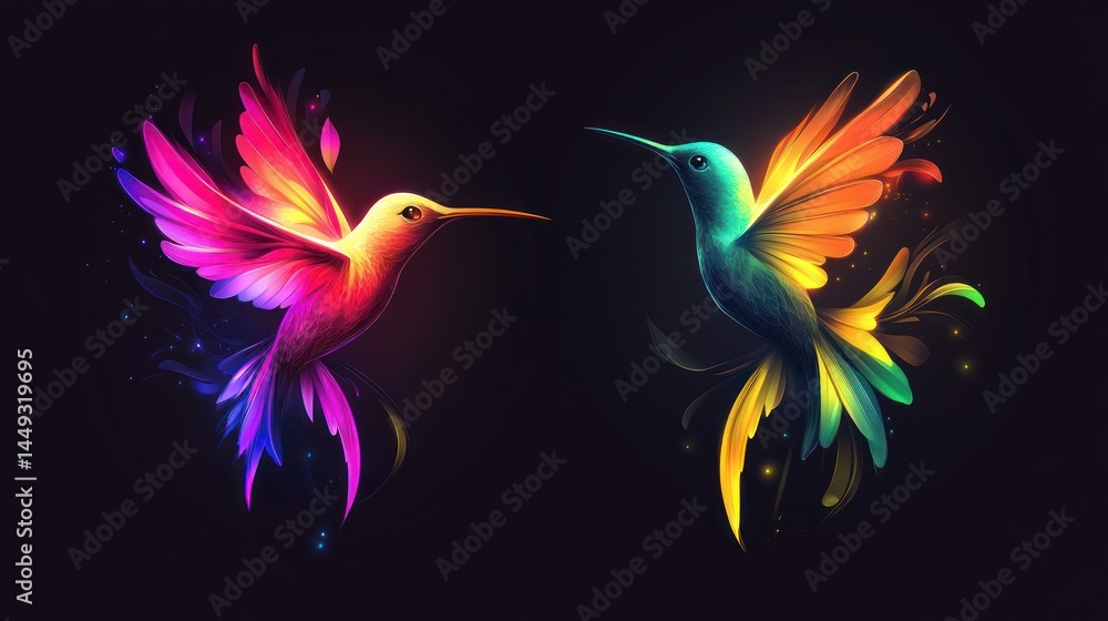 Fototapeta premium Two vibrant hummingbirds in flight, with glowing plumage