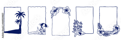 Set of five vertical frames with palms, flowers, corals, and a wave