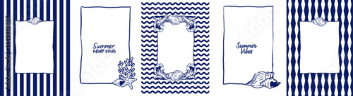 Set  summer vertical cards with marine frames and Summer Vibes lettering