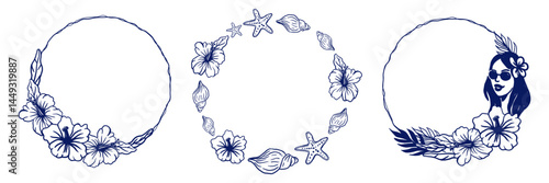 Hand-drawn tropical circular frames featuring hibiscus flowers, shells, starfish, and a stylish woman’s portrait. Isolated vector illustrations. Perfect for summer invitations, postcards, story 