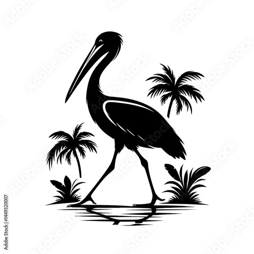 Pelican walking by tropical palms silhouette