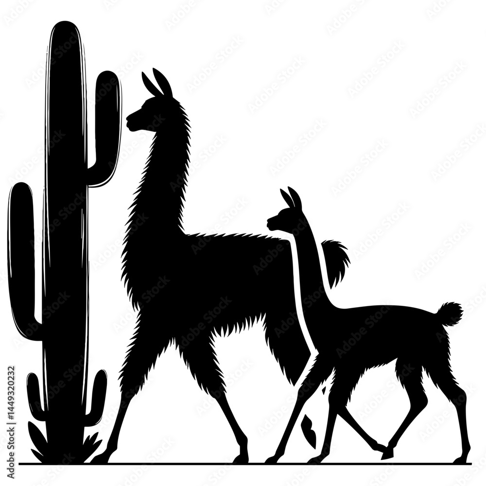Fototapeta premium Two llamas near cactus silhouette illustration
