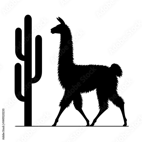 Llama and cactus silhouette in desert style