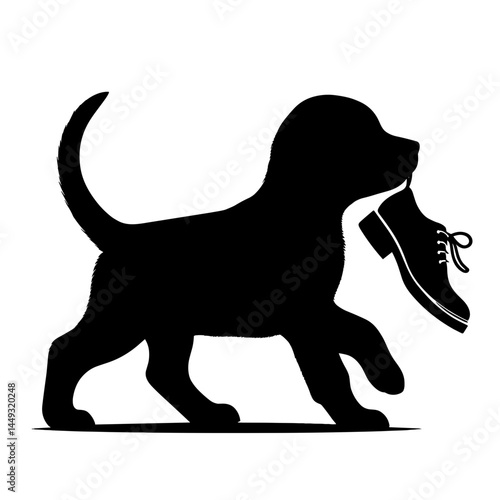 Puppy holding shoe silhouette illustration